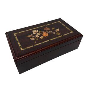 Vintage Always and Forever Wooden Mirrored Jewelry Chest "Inlaid" Floral Top